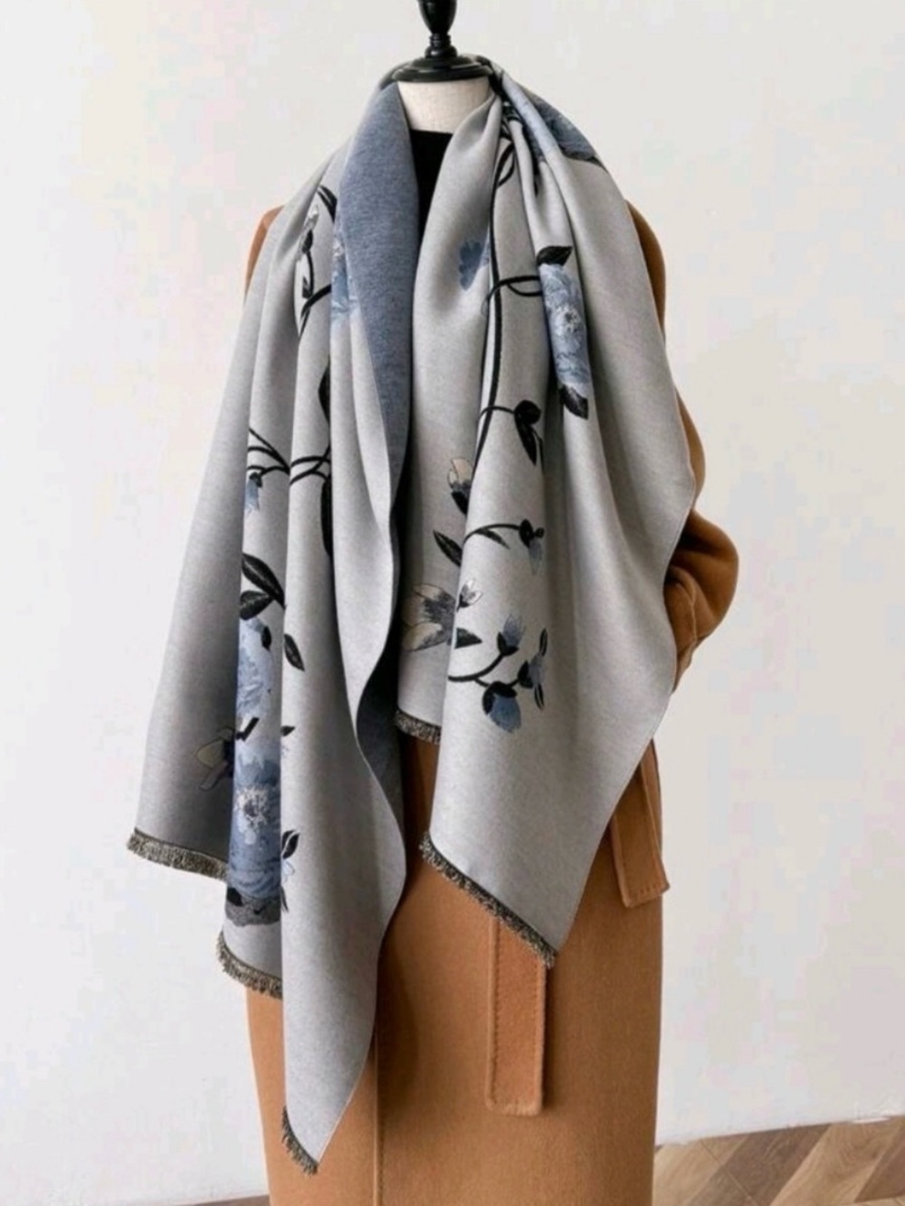 Light Gray-Blue Wrap Shawl with Floral Accents